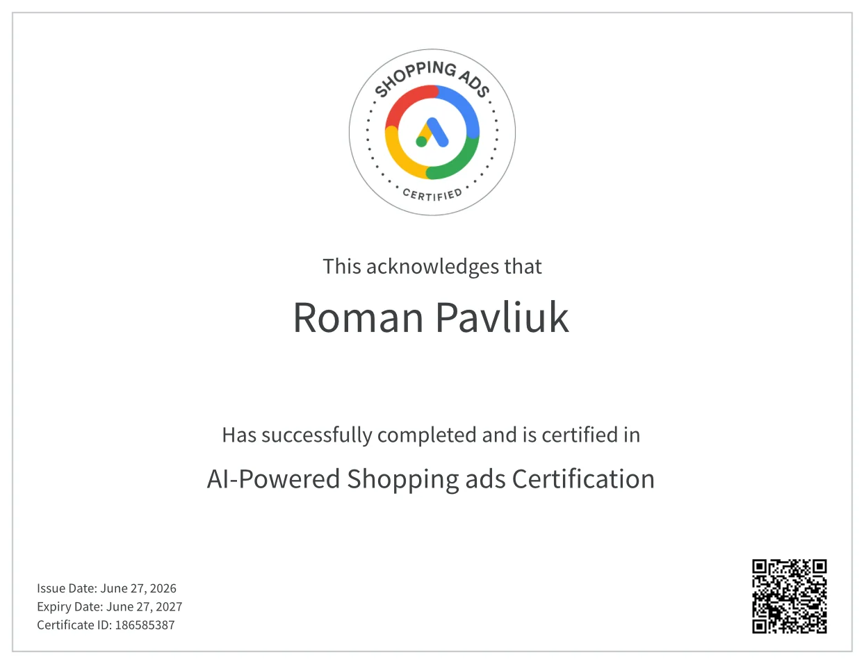 Сертифікат AI-Powered Shopping Ads Романа Павлюка